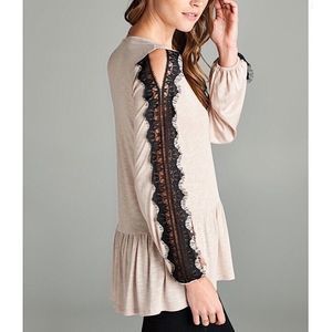 Taupe Blush Black Lace Sleeve Cold Shoulder